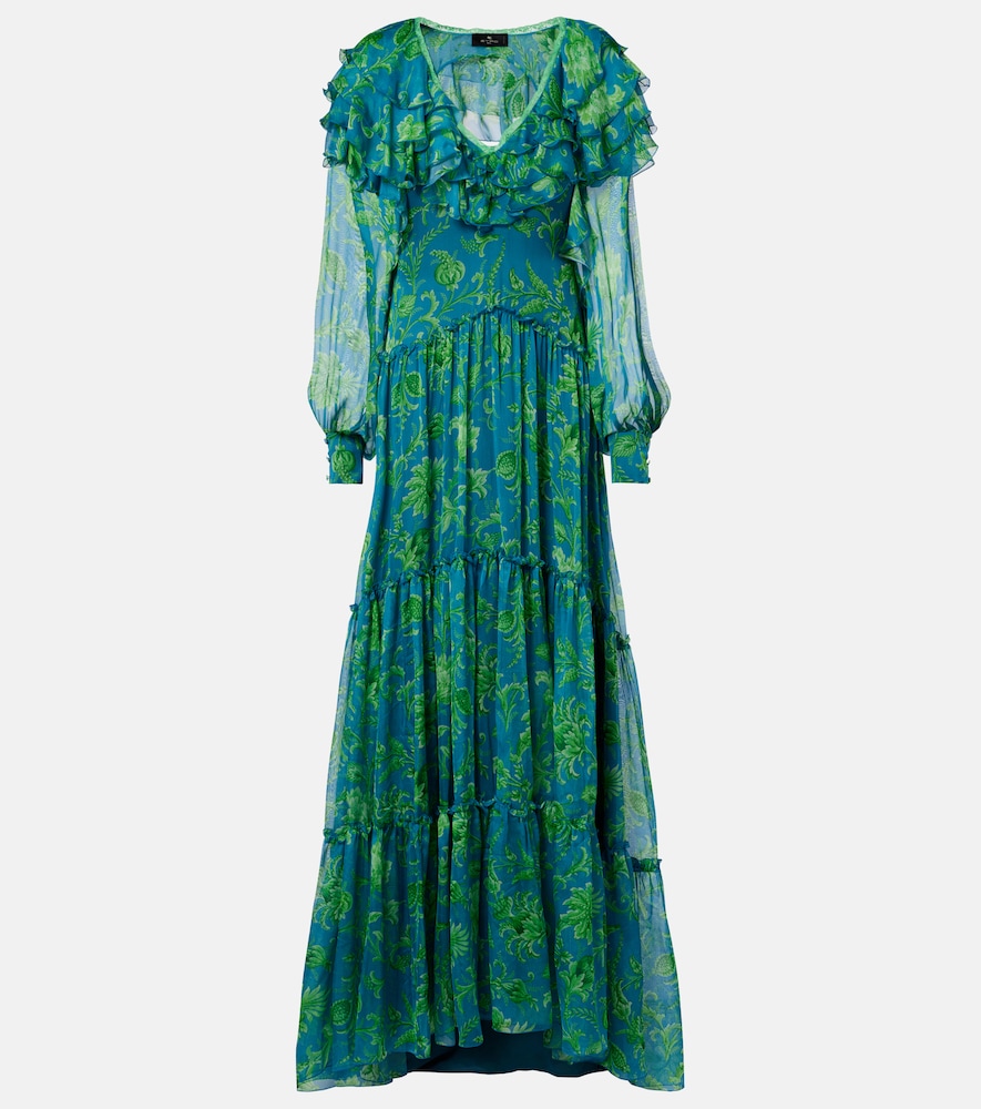 Etro Women's Blue Floral Ruffled Tiered Silk Chiffon Maxi Dress UK Size 14 - Mytheresa