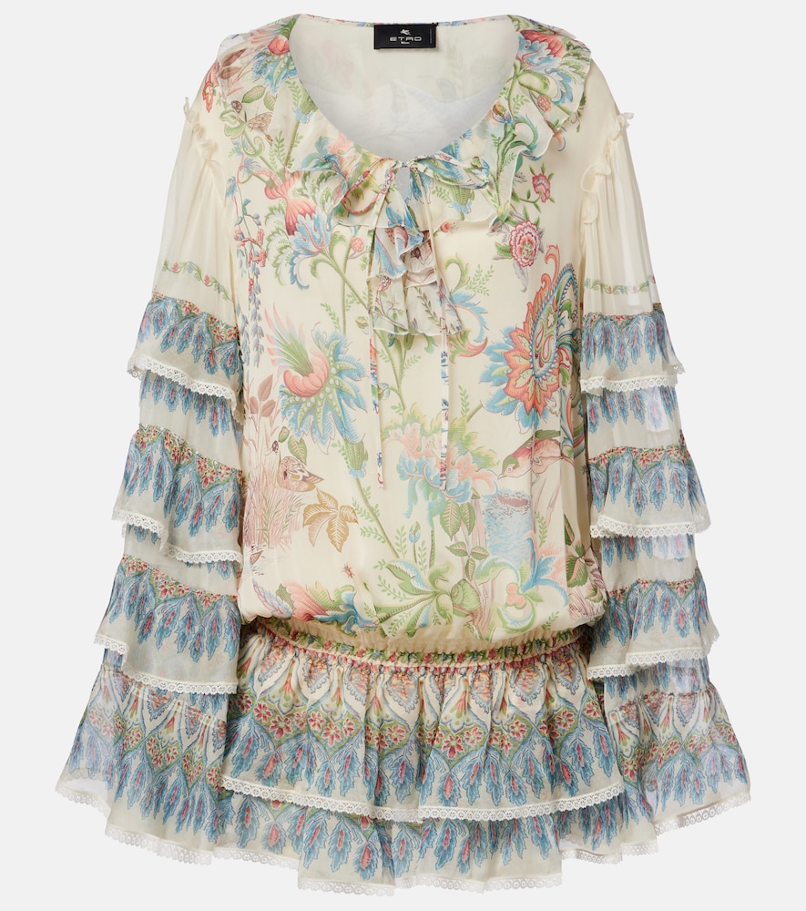 Etro Women's White Printed Ruffled Lace-Trimmed Silk Minidress UK Size 10 - Mytheresa