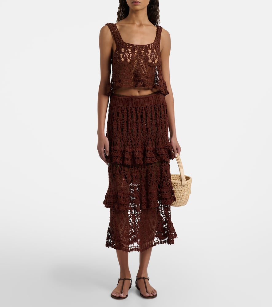 Anna Kosturova Elsie Tiered Cotton Crochet Midi Skirt In Brown