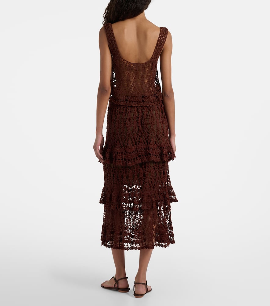 Anna Kosturova Elsie Tiered Cotton Crochet Midi Skirt In Brown
