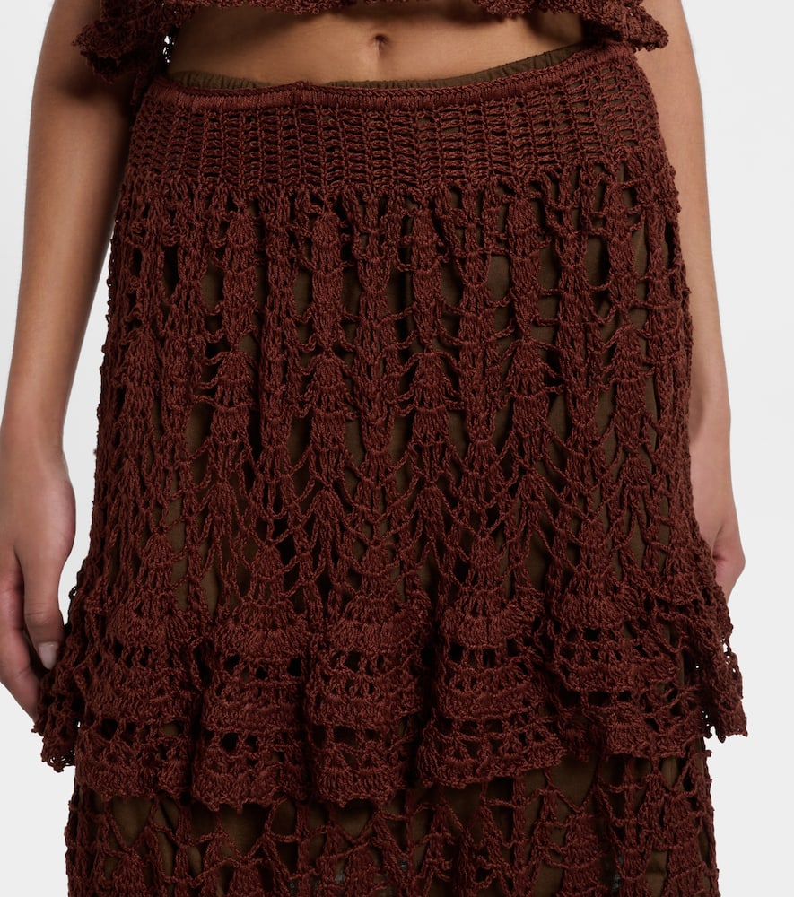 Anna Kosturova Elsie Tiered Cotton Crochet Midi Skirt In Brown