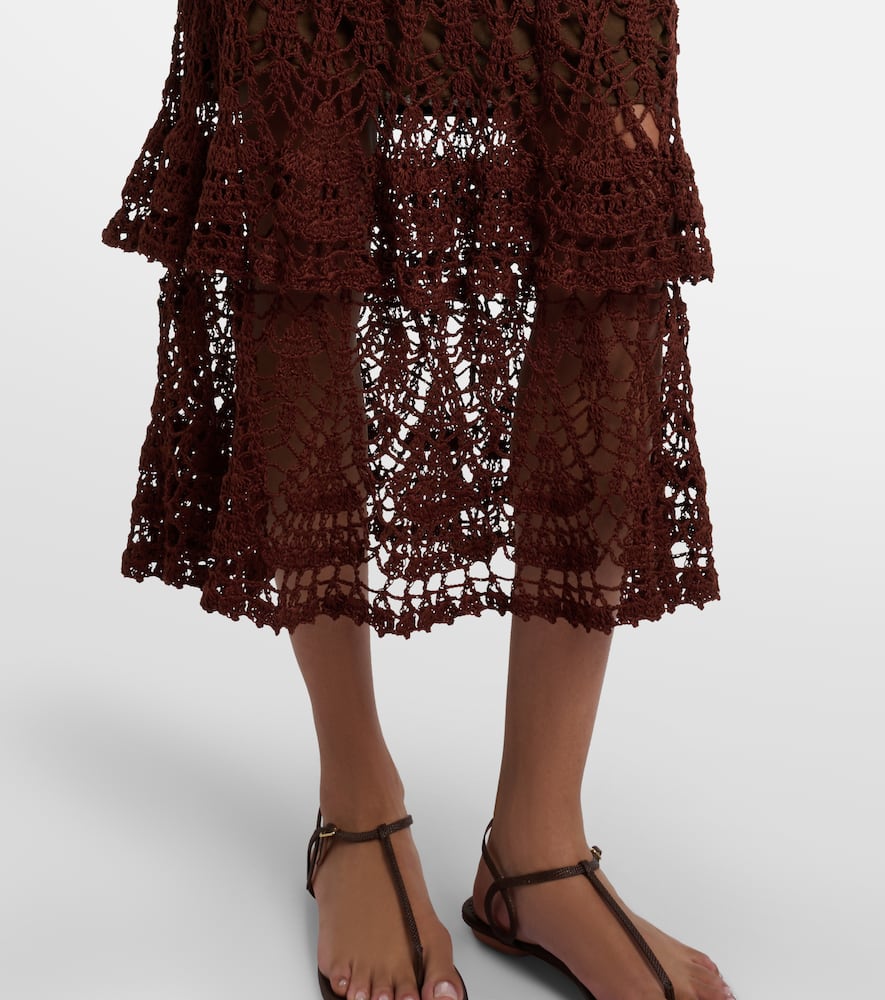 Anna Kosturova Elsie Tiered Cotton Crochet Midi Skirt In Brown