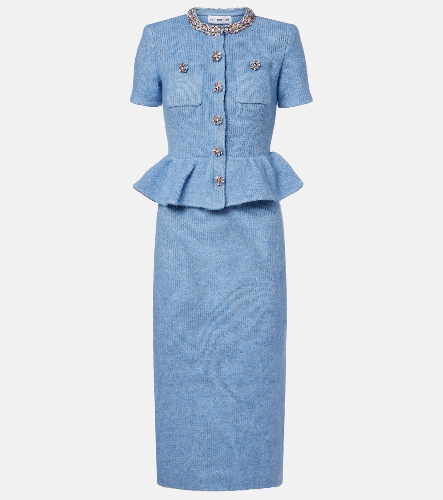 Self-Portrait Women's Blue Embellished Knitted Midi Dress UK Size 14 - Mytheresa