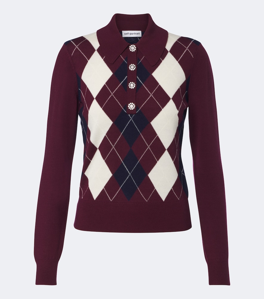 Self-portrait Argyle Wool Polo Sweater In Multicoloured