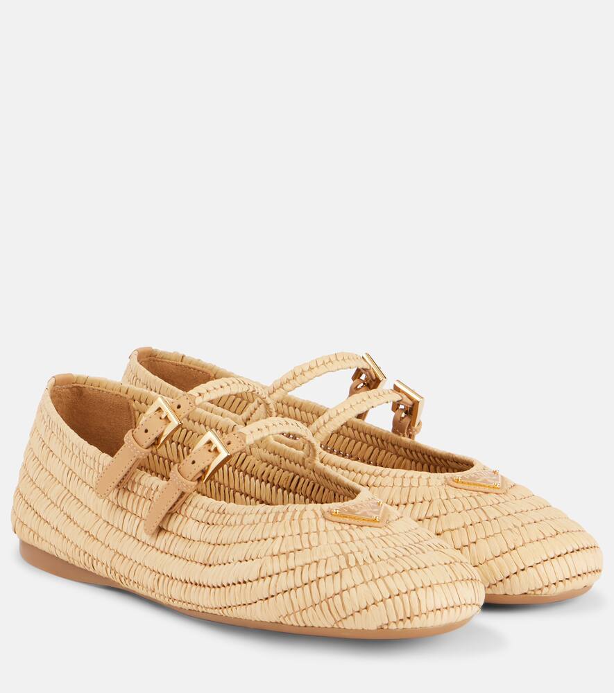 Shop Prada Logo Raffia-effect Mary Jane Flats In Beige
