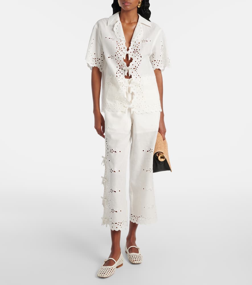Self-portrait Embroidered Cutout Linen And Cotton Top In White