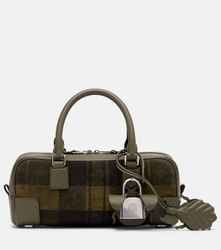 Loewe Amazona 23 Leather-trimmed Tartan Tote Bag In Green