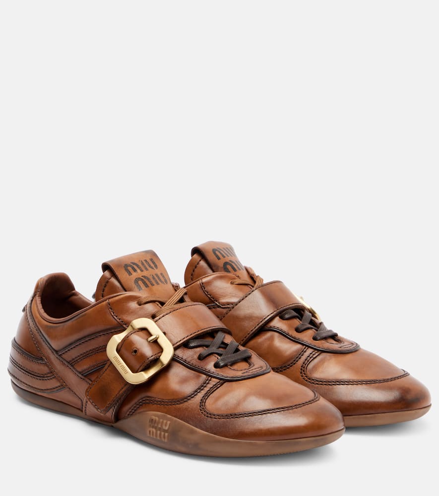 Miu Miu Logo Leather Sneakers In Brown