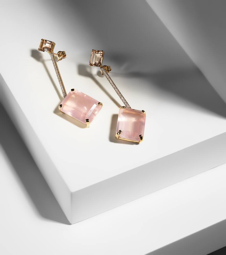 Shop Mateo 14kt Gold Earrings With Morganite, Quartz And Diamonds In Yellow Gold