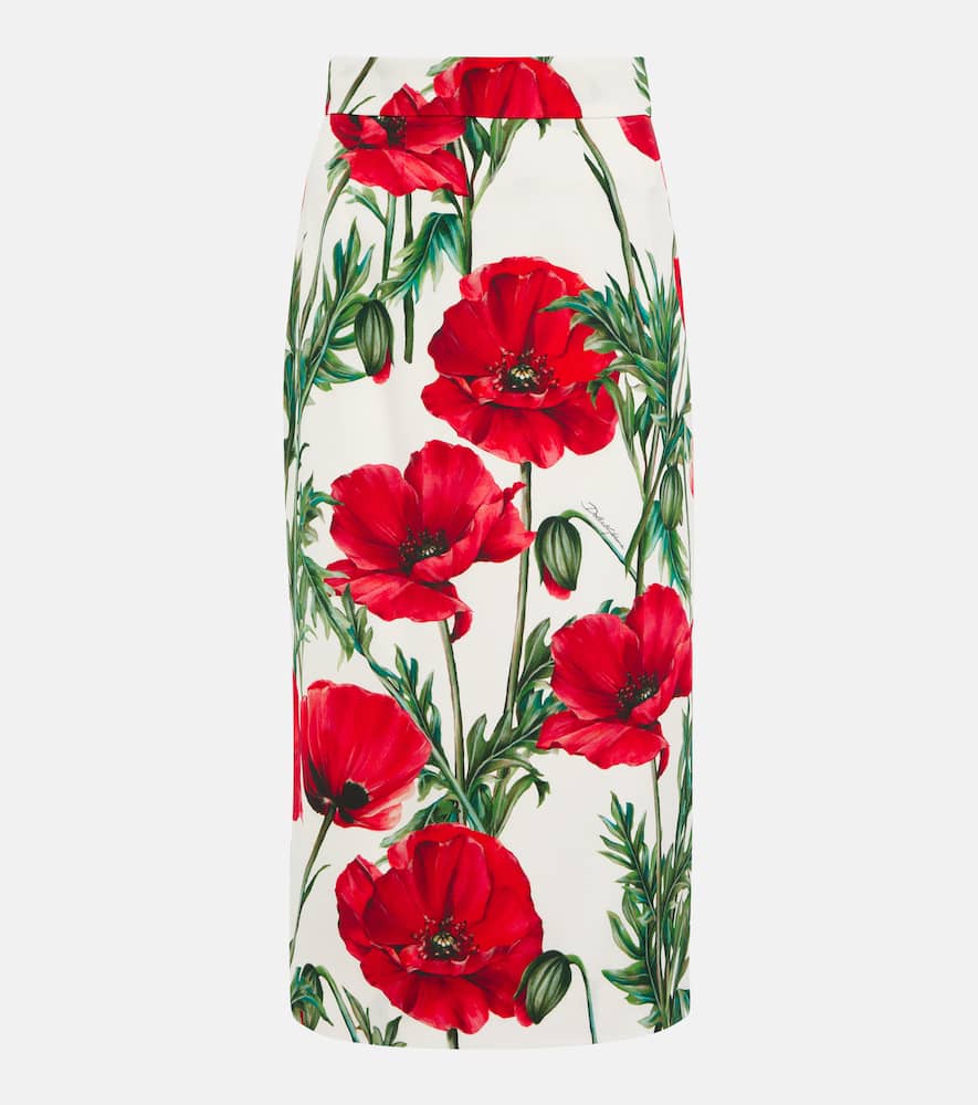 Dolce & Gabbana Poppy-print High-waisted Silk-blend Midi Skirt In Papaveri Fdo Bco Nat