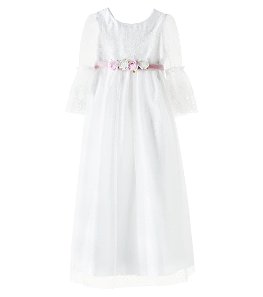 Monnalisa Bow-detail Lace And Tulle Dress In Panna
