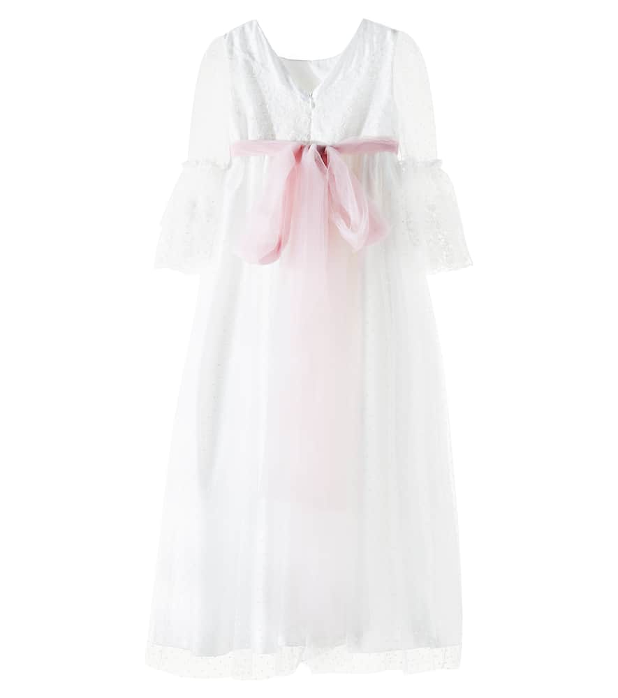 Monnalisa Bow-detail Lace And Tulle Dress In Panna