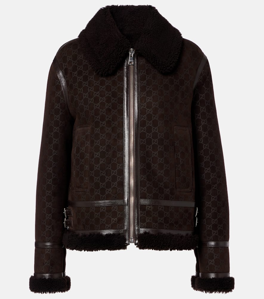 Gucci Gg Shearling-trimmed Leather Jacket In Brown