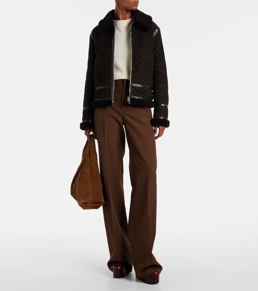 Gucci Women Brown Shearling Jacket With Shearling Trims And All-over Gg Motif In Suede Woman In Black