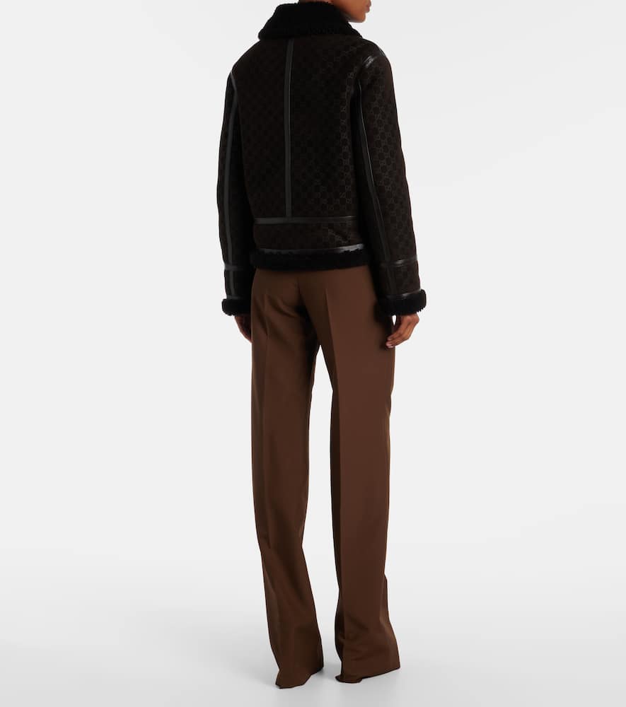 Gucci Women Brown Shearling Jacket With Shearling Trims And All-over Gg Motif In Suede Woman In Black