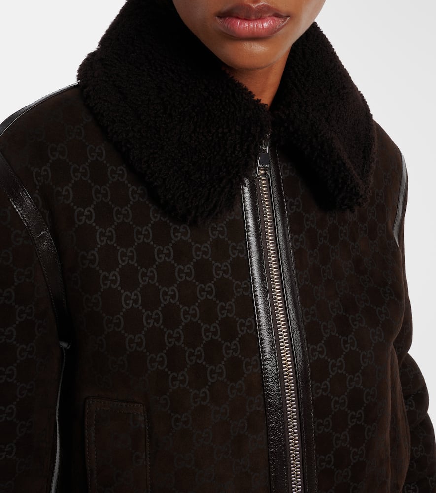 Gucci Women Brown Shearling Jacket With Shearling Trims And All-over Gg Motif In Suede Woman In Black