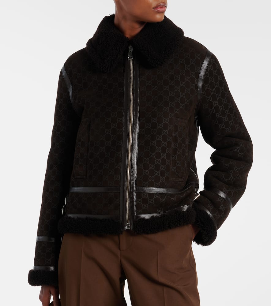 Gucci Women Brown Shearling Jacket With Shearling Trims And All-over Gg Motif In Suede Woman In Black