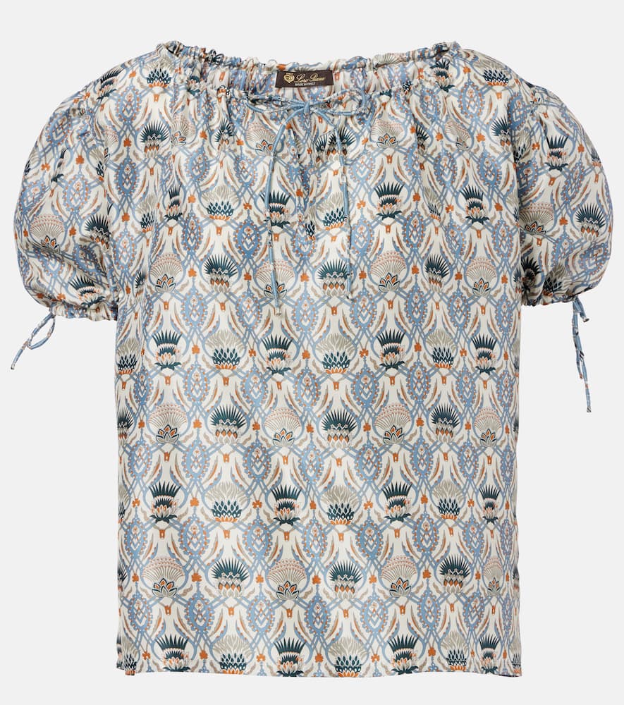 Rose printed puff-sleeve silk top