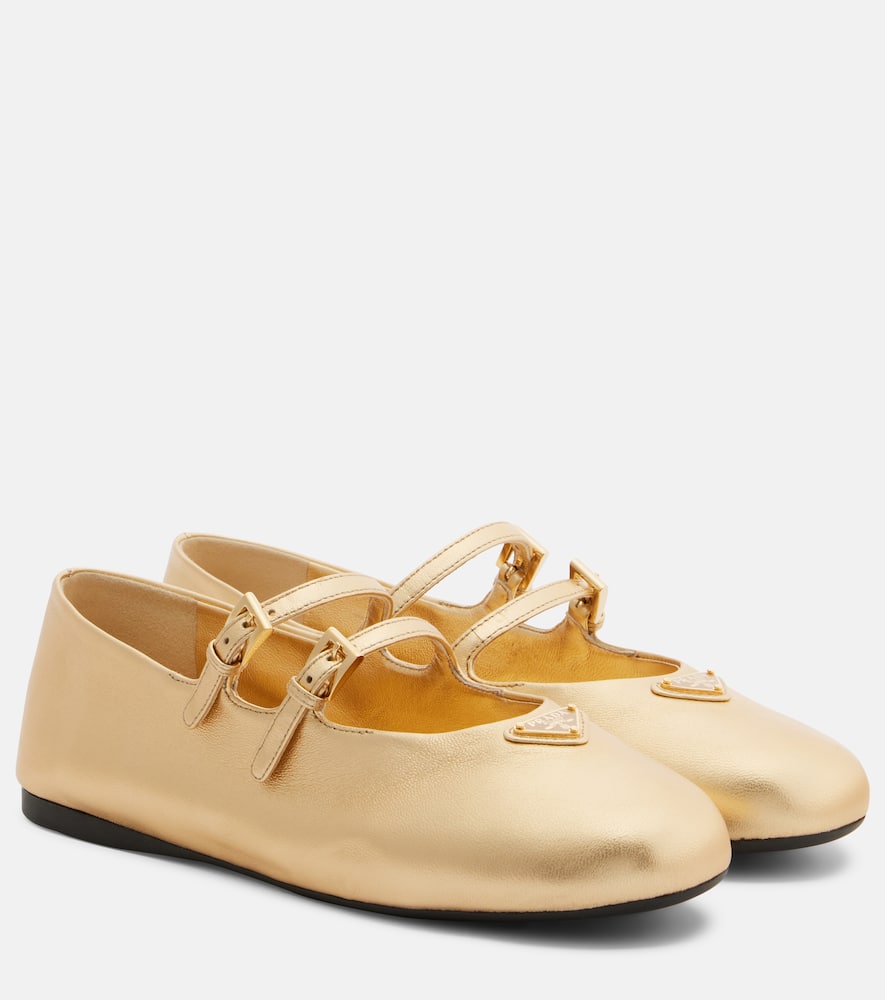 Prada Metallic Leather Mary Jane Flats In Gold