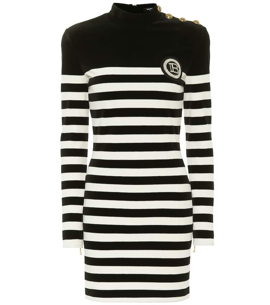 Click to view more detailed imagery on our partner's website Balmain Logo-appliqué Striped Velvet Mini Dress In Black