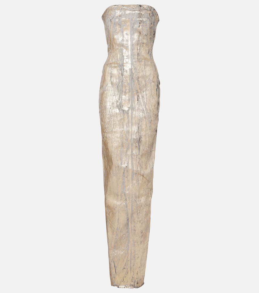 Coated denim bustier gown