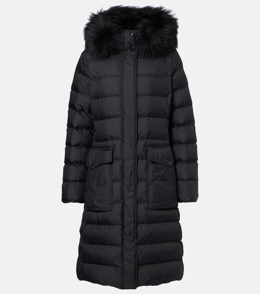 Moncler Hooded Shearling-trimmed Down Jacket In Blue