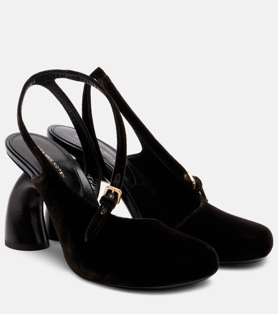 Dries Van Noten Velvet Abstrack Slingback Heels 95 In Brown