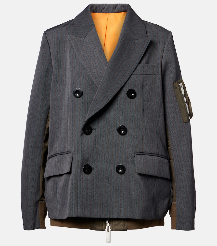 Sacai Wool And Twill Double-breasted Blazer In Black