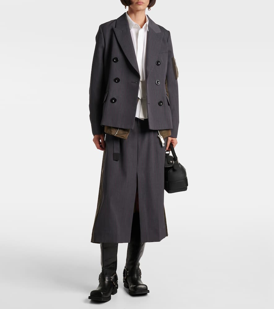 Sacai Wool And Twill Double-breasted Blazer In Black