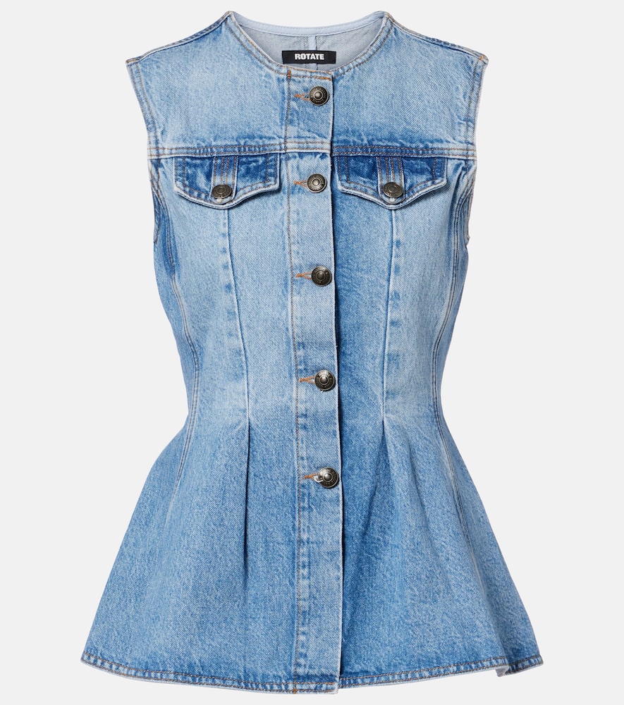 Rotate Birger Christensen Zoey Peplum Denim Top In Blue