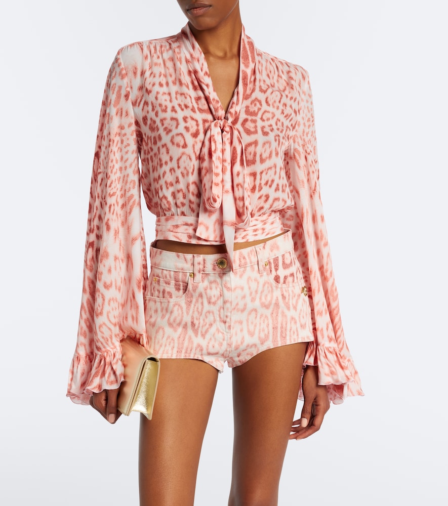 Leopard-Print Tie-Neck Jersey Blouse