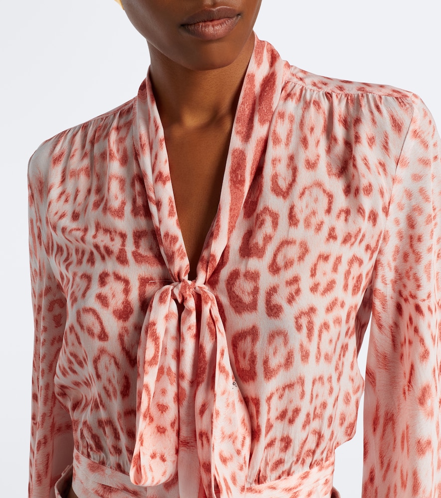 Leopard-Print Tie-Neck Jersey Blouse
