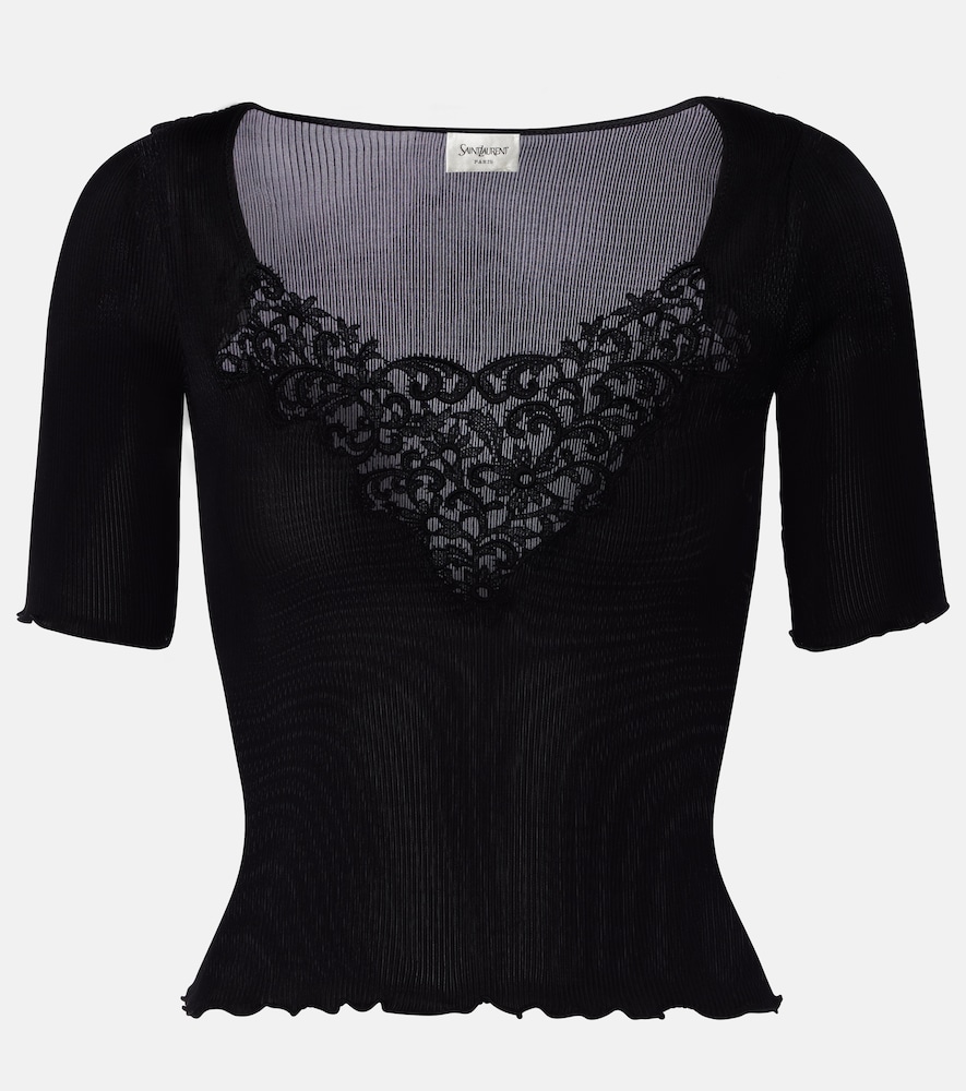 Saint Laurent Lace-trimmed Ribbed-knit Silk Top In Black