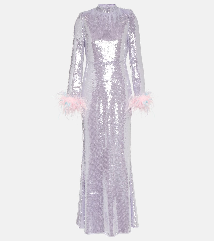 Self-Portrait Feather-trimmed sequined gown