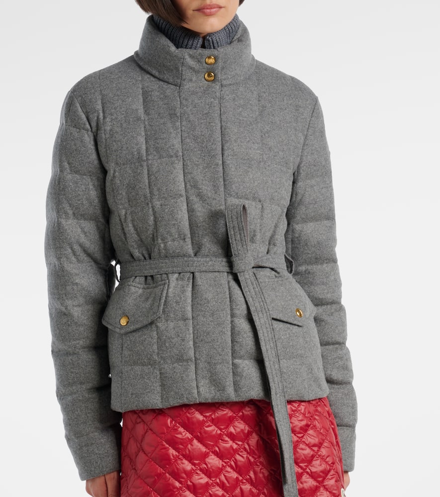 Moncler Women Bussettes Wool Blend Belted Short Down Jacket Grey In Gray