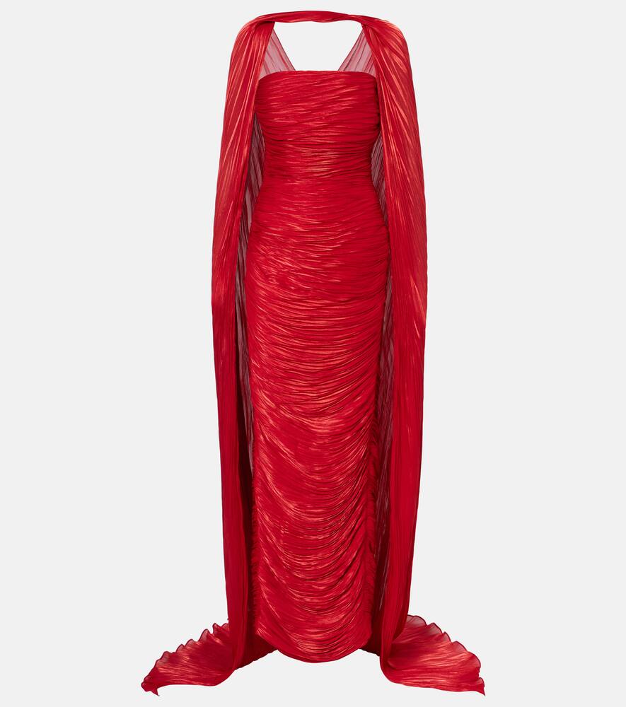 Marmar Halim Caped Pleated Bustier Gown In Red