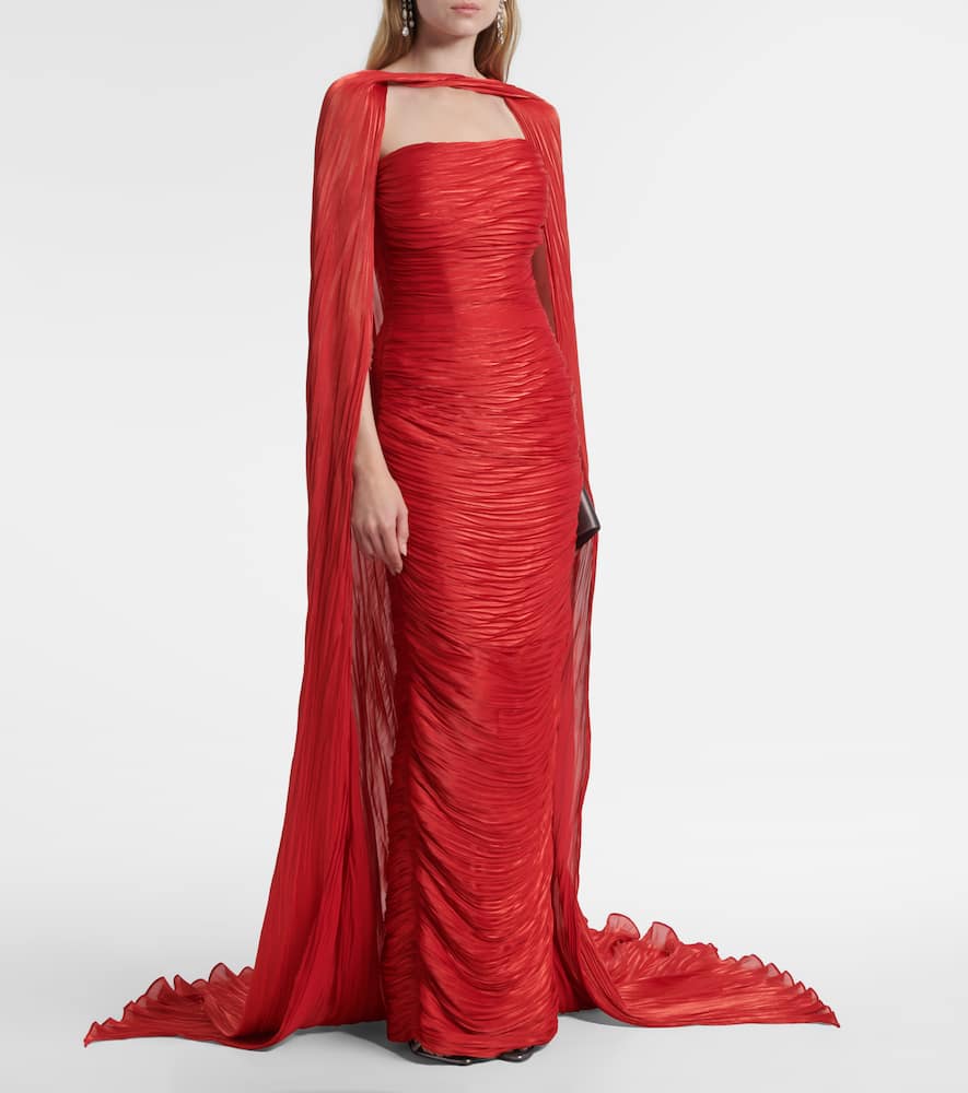 Marmar Halim Caped Pleated Bustier Gown In Red