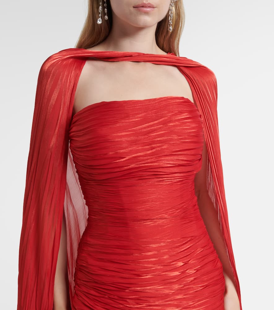 Marmar Halim Caped Pleated Bustier Gown In Red