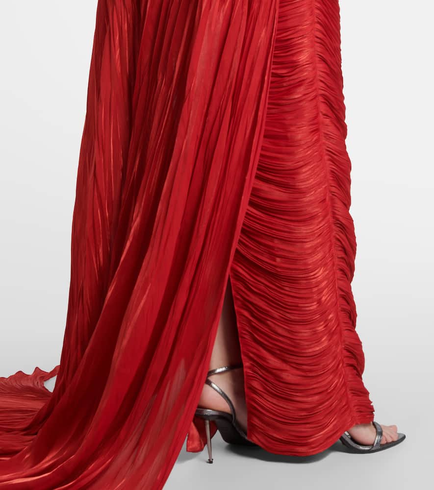 Marmar Halim Caped Pleated Bustier Gown In Red