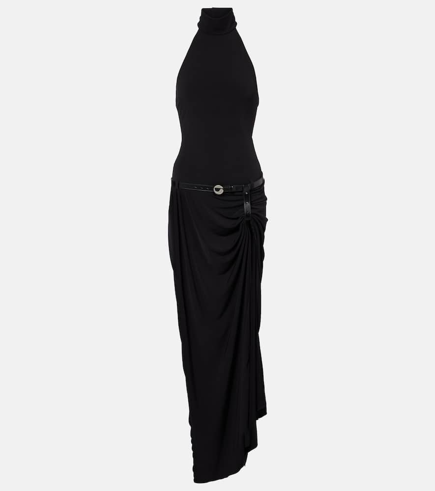 Coperni Belted Asymmetric Draped Halterneck Maxi Dress In Black