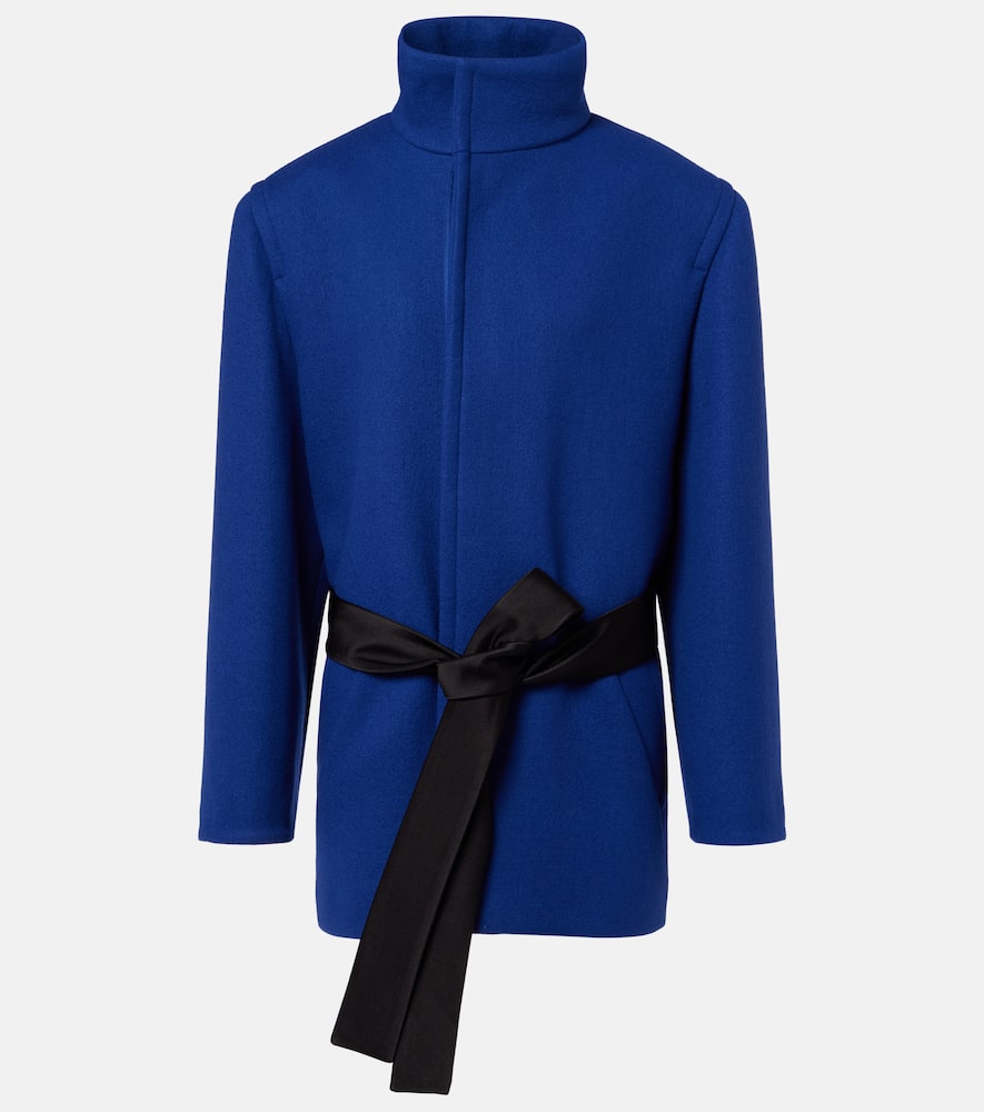 Saint Laurent Boxy Wool Coat Removable Silk Belt In Blue
