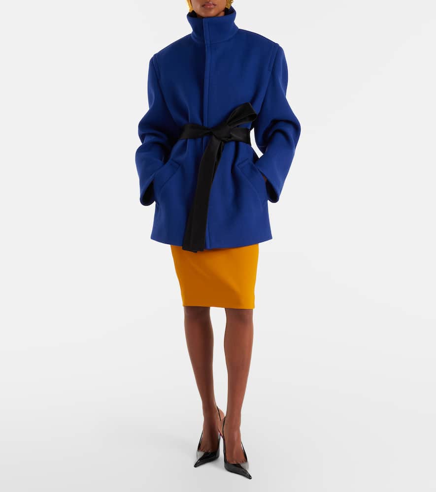 Saint Laurent Boxy Wool Coat Removable Silk Belt In Blue