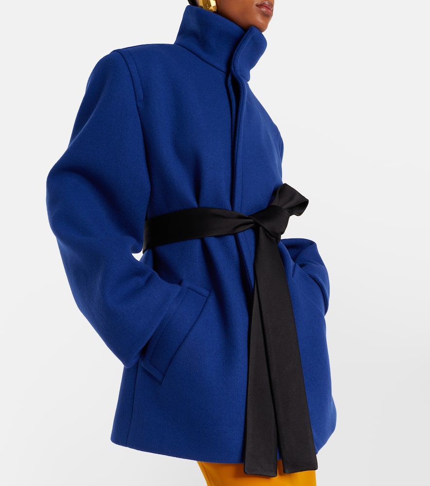 Saint Laurent Boxy Wool Coat Removable Silk Belt In Blue