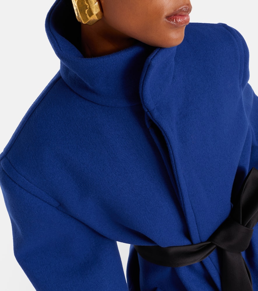 Saint Laurent Boxy Wool Coat Removable Silk Belt In Blue