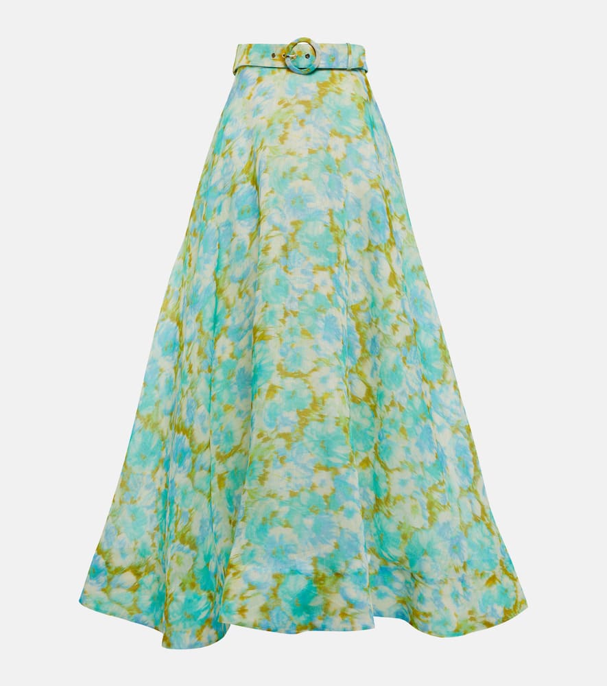 Shop Zimmermann High Tide Linen And Silk Maxi Skirt In Aqua Ikat Floral