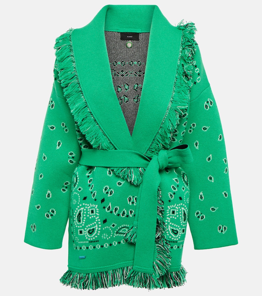 Alanui Jacquard Bandana Fringe Belted Cardigan In Green