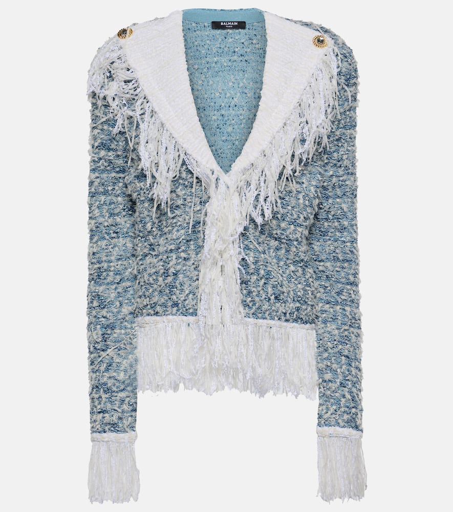 Balmain Fringed Tweed Blazer In Blue