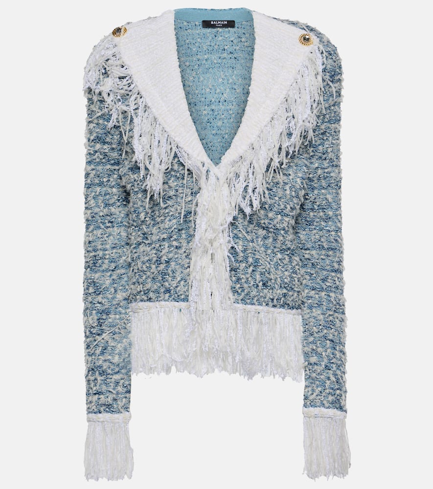 Shop Balmain Fringed Denim Tweed Jacket In Blue