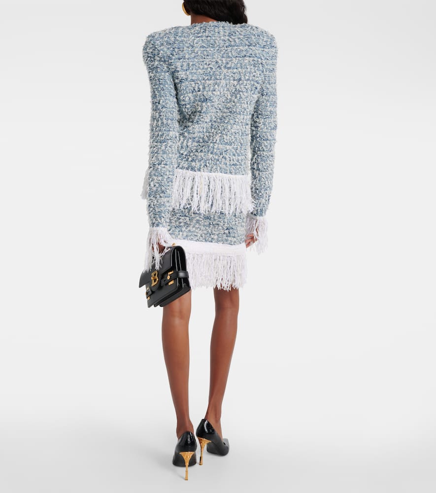 Balmain Fringed Tweed Blazer In Blue