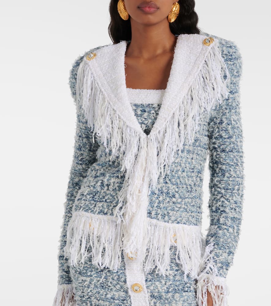 Balmain Fringed Tweed Blazer In Blue